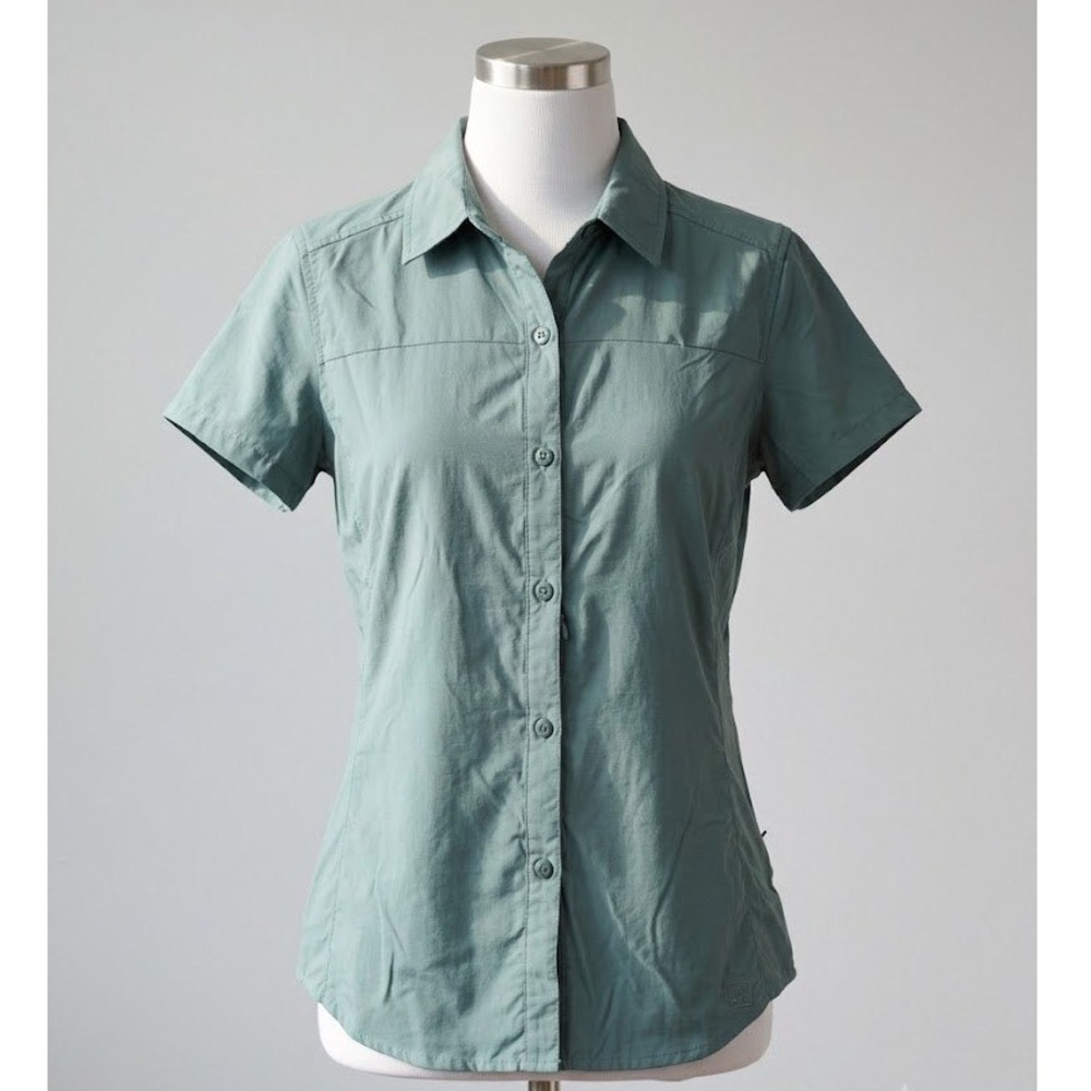 REI Womens Sahara Short Sleeve Tactel Nylon Blueish Green Hiking Shirt Size M